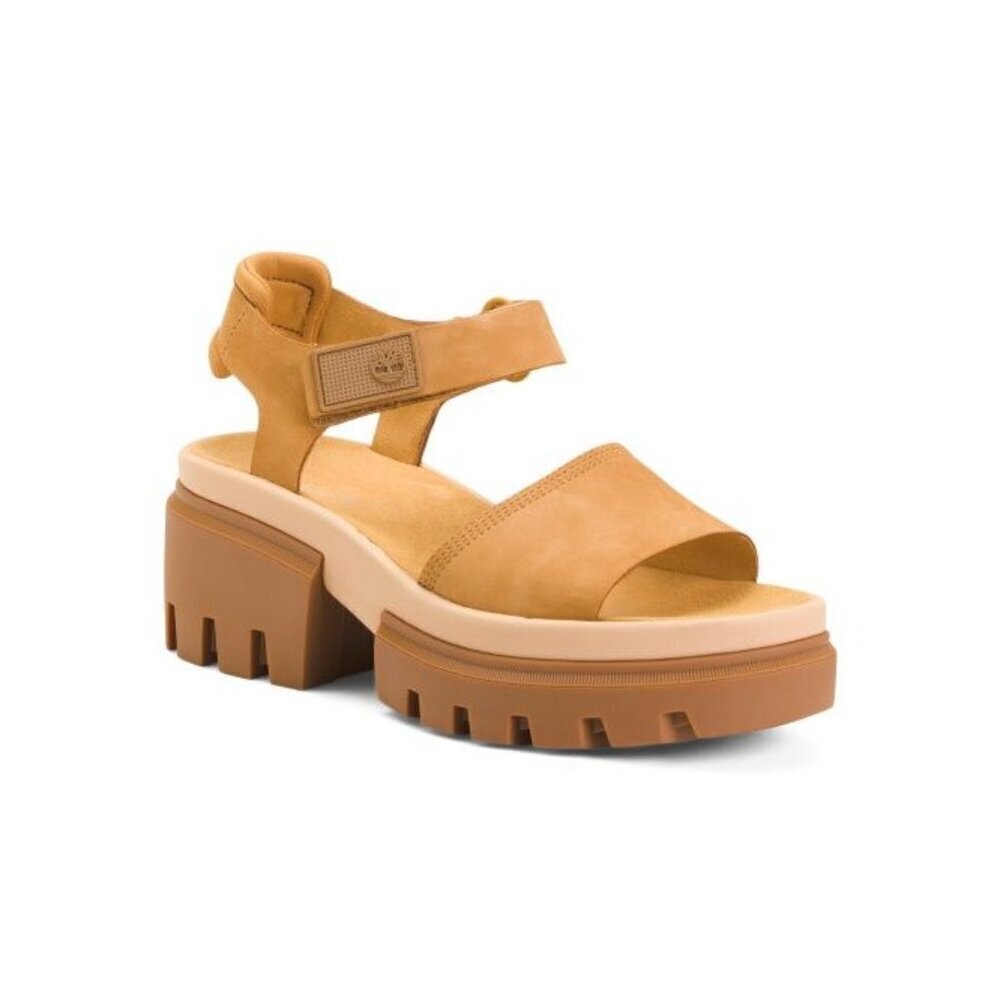 Timberland Womens Tan Suede Leather Strap Open Toe Lug Sole Sandals Sz 9 New